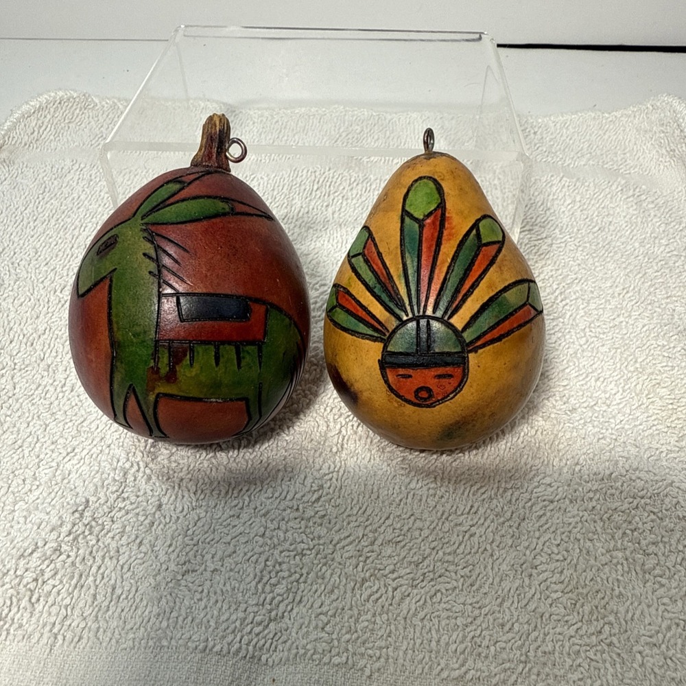 Hand carved and‎ painted Gord ornaments X 2 SignedNoreen Dziat Donkey & Indian